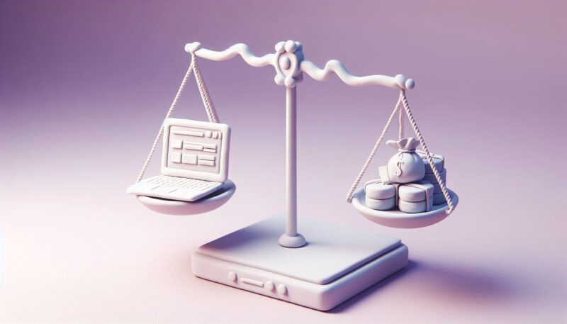 Balanza con una laptop y dinero en equilibrio, simbolizando el valor de una página web